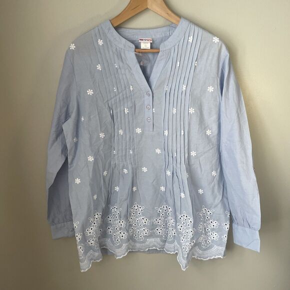 American Sweetheart NWT‎ Tunic Women Size Large Floral Embroidered V Neck Blue - Picture 1 of 7